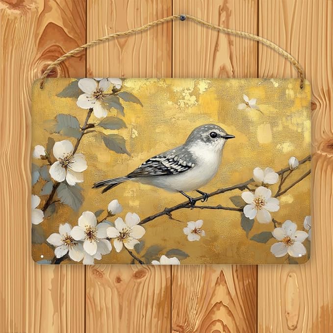 Artistic Retro Bird on Floral Branches Wooden Wall Art, Luxe Home Decors for Vintage Enthusiasts, 12x8 Inch Wood Sign to Add Glamour to Your Bedroom