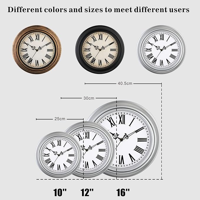 Plumeet Extra Large Retro Wall Clock, 16'' Non Ticking Classic Silent Vintage Wall Clocks Decorative Kitchen Living Room Bedroom, Roman Numerals, Battery Operated, Silver