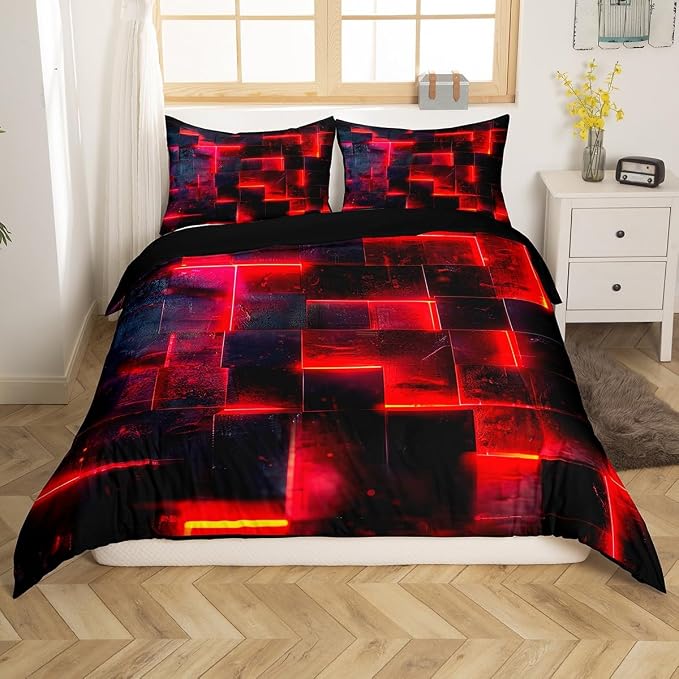 Black Red Abstract Comforter Cover Gradient Square Bed Set, Grid Queen Duvet Cover Neon Checkered Bedding Set Queen, Glowing Plaid Bedspread Cover 3D Modern Room Decor 3pcs (Black Reversible)
