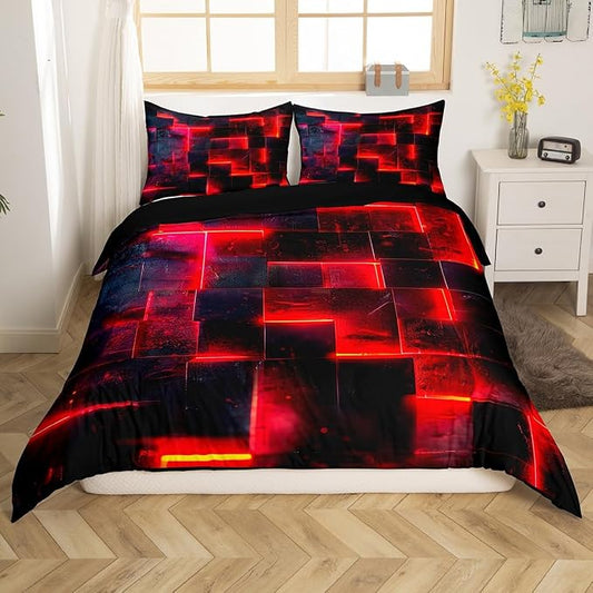 Black Red Abstract Comforter Cover Gradient Square Bed Set, Grid Queen Duvet Cover Neon Checkered Bedding Set Queen, Glowing Plaid Bedspread Cover 3D Modern Room Decor 3pcs (Black Reversible)