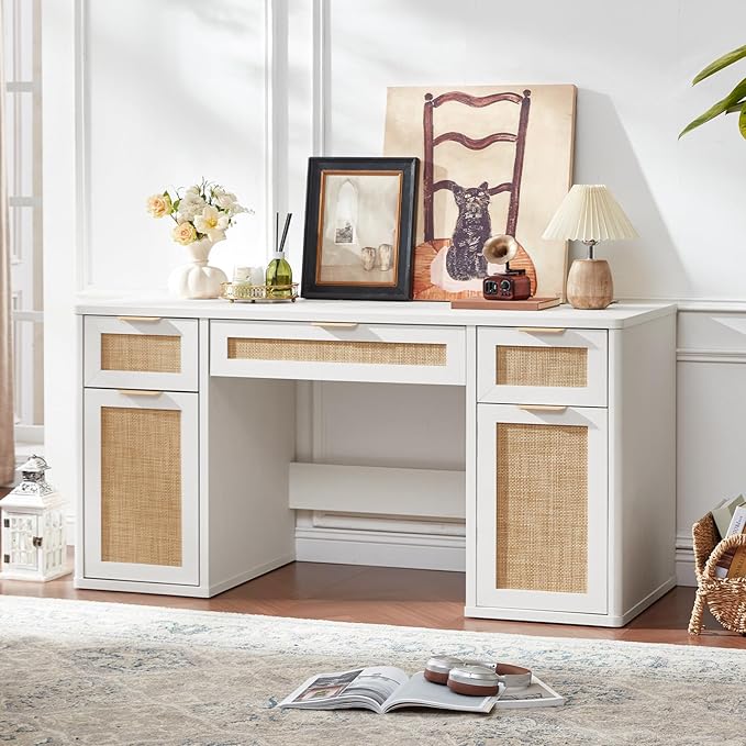 LEYAOYAO Office Desk 56" with 5 Drawers Storage File Cabinet Rattan Wood Desk for Computer Office Bedroom Home Furniture White