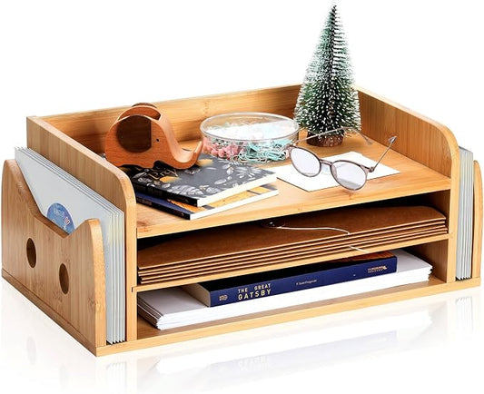 ZOOFOX 3-Tier Paper Letter Tray, Wood Letter File Folder Holder with 3 Trays and 2 Vertical Section, Cute Cat-Shaped Paper Tray for Home Office School