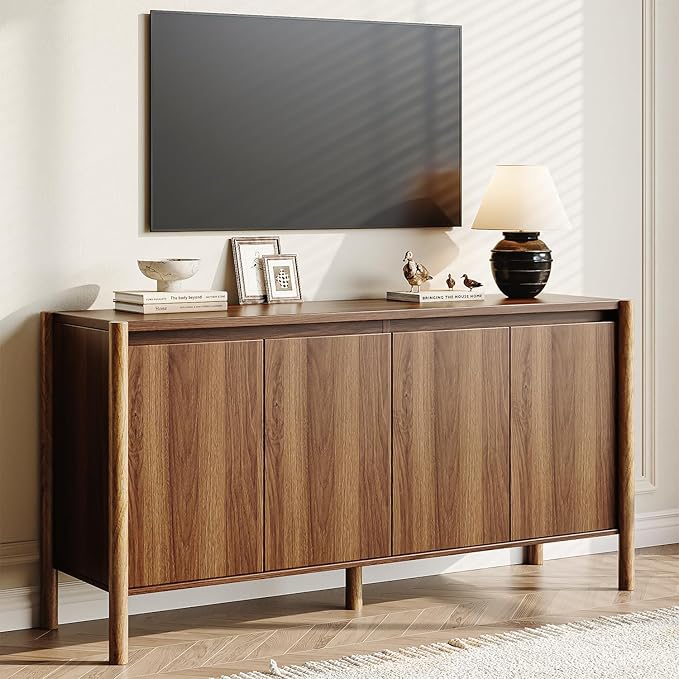 CHUWELL Walnut Sideboard Buffet Cabinet - 59" Mid Century Buffet Storage Cabinet with 4 Doors, Adjustable Shelves, and 4 Solid Wood Round Legs- Coffee Bar Table for Kitchen