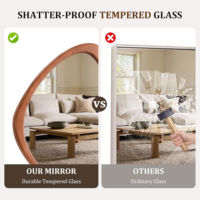 HOMECOOKIN 20" H x 25.5" W Asymmetrical Mirror, Irregular Wooden Wall Mirror for Bedroom, Living Room,Entryway– Boho Mid Century Modern Decorative, Solid Wood Frame, Pebble Shaped Design (Walnut)