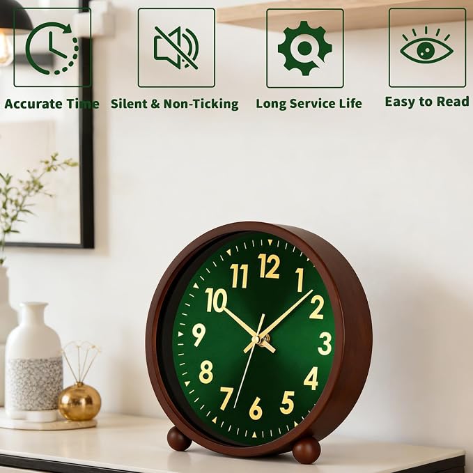 Maxspace Wooden Table Clock,8in Silent Non-Ticking Desk Clock, Battery Operated Desktop Analog Clock for Living Room Office Bedroom Decor (Green Gold - Walnut, Wooden Ball Base)