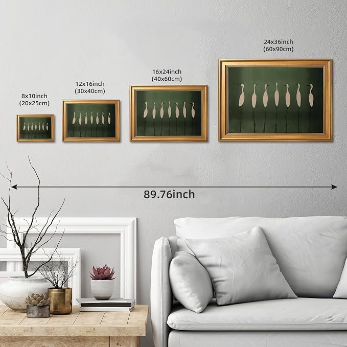 Vintage Crane Canvas Wall Art Prints Elegant White Birds on Deep Green Posters Retro Trendy Heron Painting Modern Minimalist Peaceful Nature Home Decor for Living Room 24x36inch Golden Frame