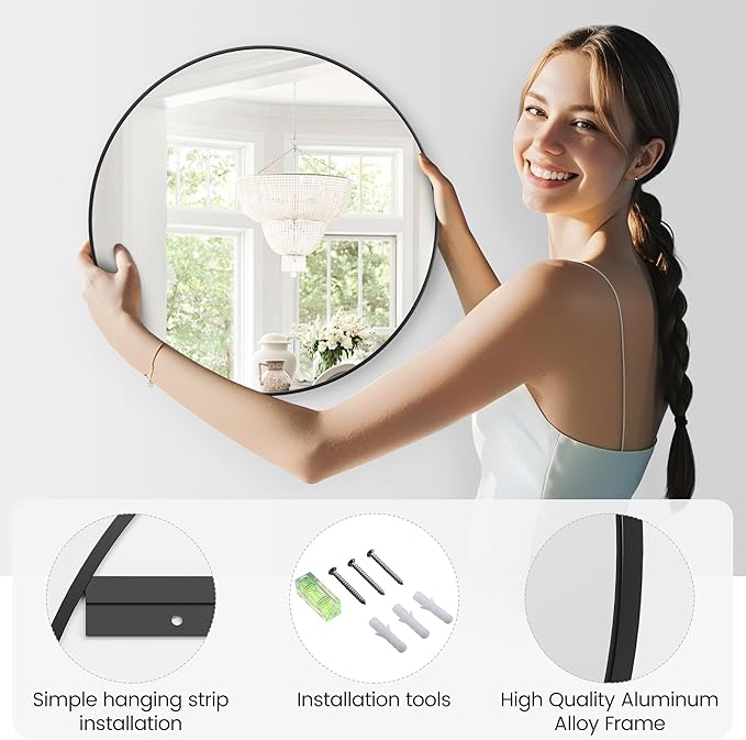 IDEALHOUSE 18 Inch Black Round Wall Mirror, Circle Mirror Metal Frame for Bathroom, Vanity, Entryway, Bedroom, Living Room, Wall Mounted Modern Rustic Decor
