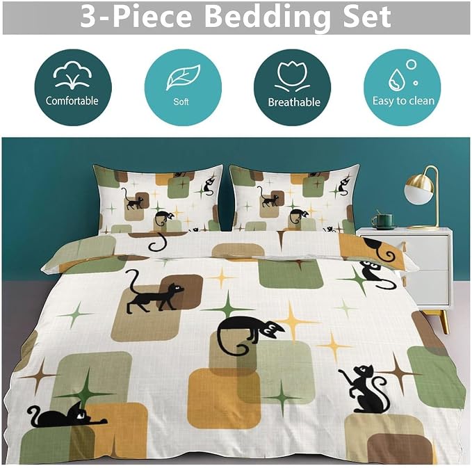 Retro Black Cat Bedding Set,Mid Century 1950s 1960s Abstract Atomic Colorful Geometric Pattern Modern Comforter Set with Pillowcase for Bedroom Bed Decor,Queen 90"x90"