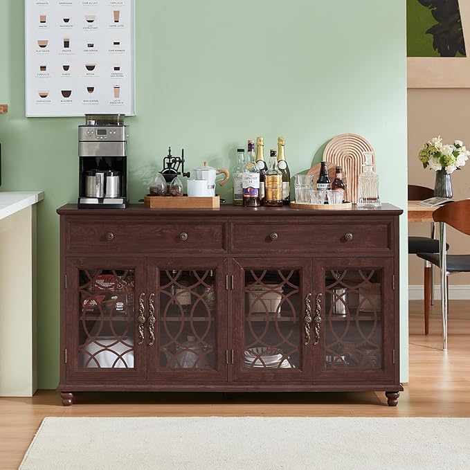 Farmhouse Sideboard Buffet Cabinet Set of 2 with Storage,59" Large Credenza with 4 Glass Door & 2 Drawers,Adjustable Shelves Console Table,Wood Kitchen Coffee Bar for Dining Room,Walnut