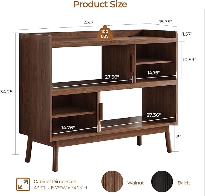 Mid-Century Modern Buffet Sideboard Cabinet with Outlet, 44" Sideboard Buffet Cabinet with Sliding Door & Adjustable Shelves, Fluted Accent Coffee Bar Console Table with Wooden Feet, Walnut