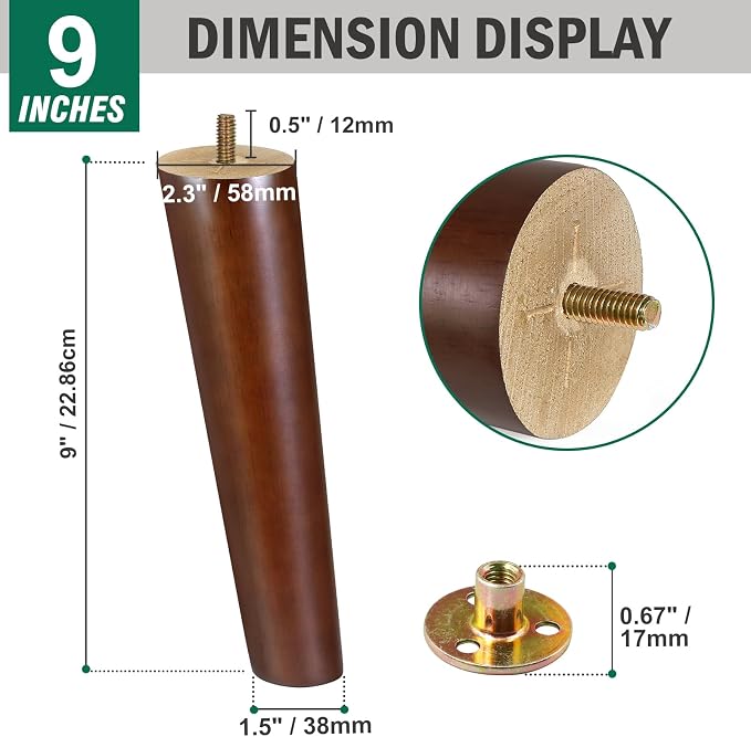 FoDau770 Brown Rubber Wood Furniture Legs 9 Inches, 5/16" UNC Slant Tapered Wood Feet Mid Century Sofa Legs, Wooden Furniture Feet Replacement Parts for Cabinet Couch Dresser Chair Ottoman Table