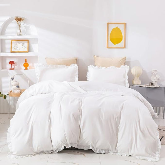 Pureant White Ruffle Comforter Set King Boho White Lace Bedding Comforter Vintage Farmhouse Comforter Women Girls Solid White Shabby Chic Bed Quilts Plain White Lightweight Fluffy Ruffled Fringe Bed