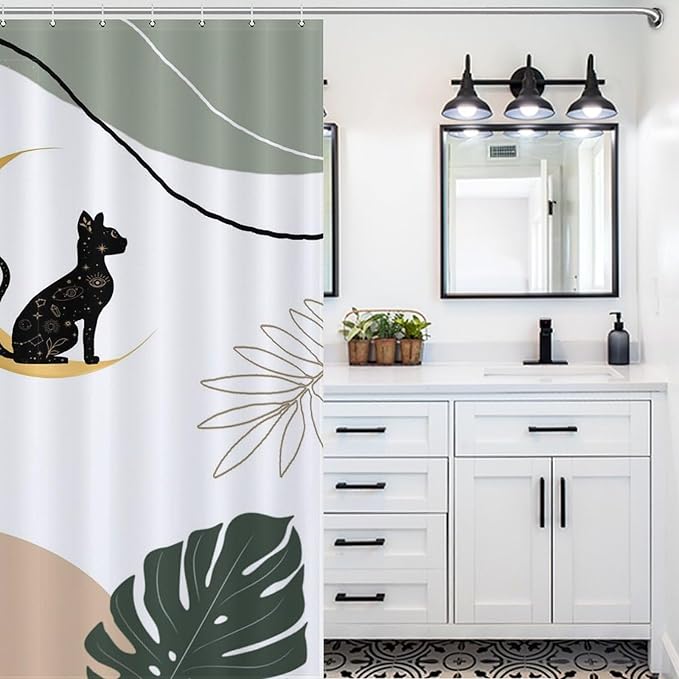 Boho Black Cat Shower Curtain Abstract Mid Century Modern Moon Green Leaf Geometric Mystic Waterproof Shower Curtains for Bathroom Decor 12 Pack Hooks 72x72in (183x183cm)