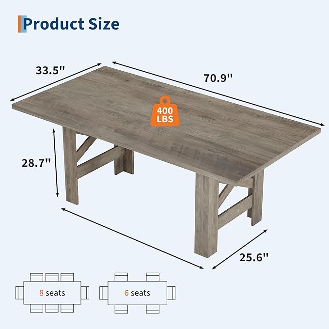 GarveeHome Dining Table for 6-8, 71" Long Wooden Farmhouse Barn Kitchen Table with Thick Sturdy Frame, Rectangular Dining Room Dinner Table with Stable Triangular Legs for Kitchen, Office, Retro Gray