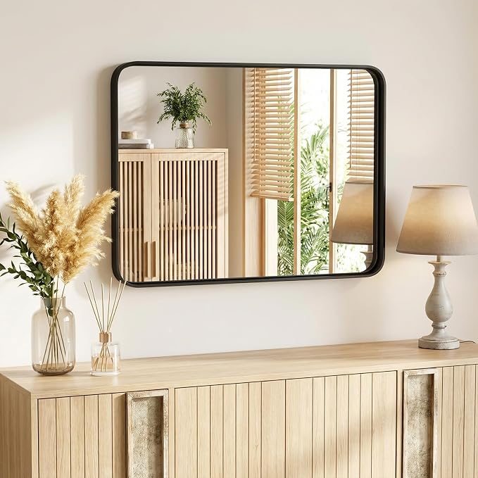 NEWBULIG 32X40 Inch Bathroom Mirror for Over Sink, Wall Vanity Mirrors Tempered Glass, Anti-Rust Metal Framed Rounded Rectangle, Hangs Horizontally or Vertically, Farmhouse Home Decor, Black