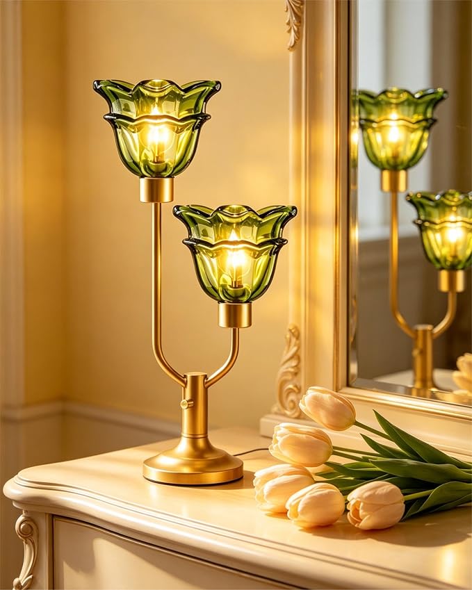 Lightdot Green Glass Flower Table Lamp Dimmable Nightstand Lamp Mid Century Modern Vintage Gold Desk Lamp 2 Bulbs Included Warmwhite Ambient Bedside Lamp for Living Room Bedroom Home Office Decor Gift