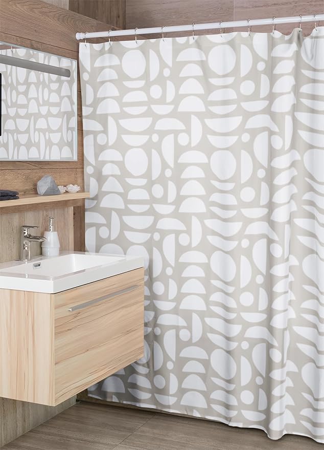 Beige White Abstract Print Shower Curtain - Boho Pattern - Modern Minimalist Home Decor - Neutral Scandi Style Fabric Shower Curtain For Any Bathroom - 72x72 Inches (Neutral Half Circle)