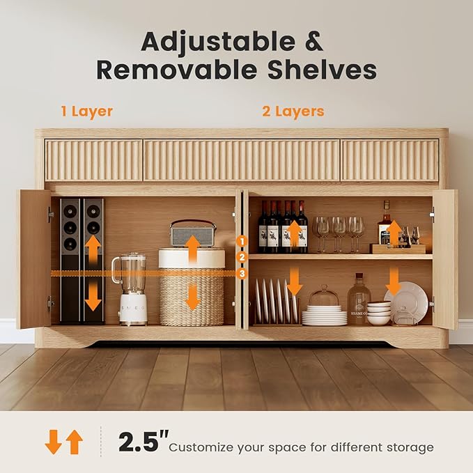 Fluted Buffet Cabinet with Storage, Modern Sideboard Credenza with 3 Drawers, 4 Doors & Adjustable Shelves, Wood Kitchen Storage Coffee Bar Cabinet for Dining Room, Living Room, Natural Oak