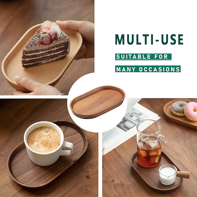 Mini Serving Trays for Parties, Small Decorative Tray for Tea＆Coffee, Oval Wooden Plates for Serving Food for Appetizer＆Vegetables for Bathroom 7.8"×4.6" (Acacia, Set of 2)