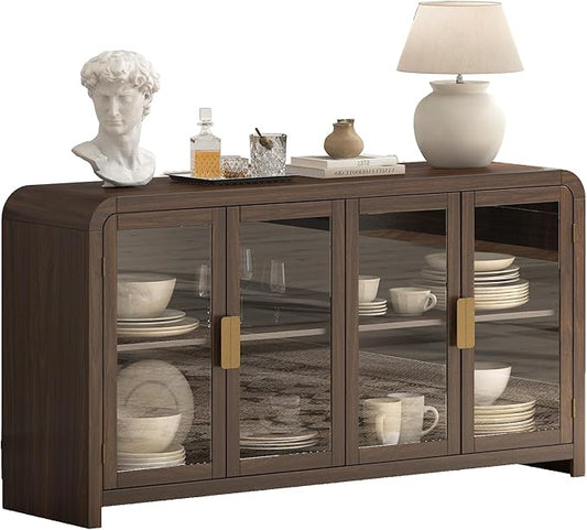 Oak&Sparrow Oak Sideboard Buffet Cabinet with Storage, 60'' Boho Buffets & Sideboards with Adjustable Shelves, Sideboard Cabinet with 4 Glass Doors for Living Room, Hallway & Kitchen