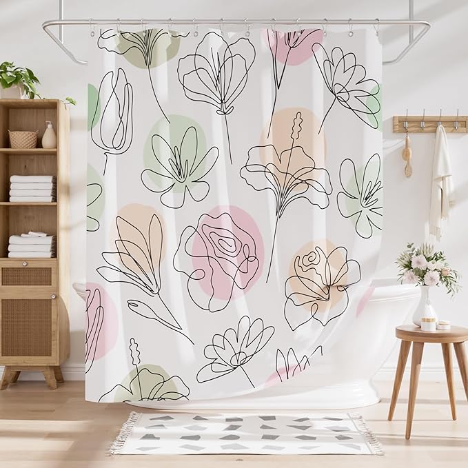 AmazerBath Floral Shower Curtain, 72"x72" Washable Cloth Spring Black Ink Blooms Shower Curtain with 12 Metal Hooks, Farmhouse Fabric Rustic Colorful Flower Shower Curtain Set for Bathroom Decor