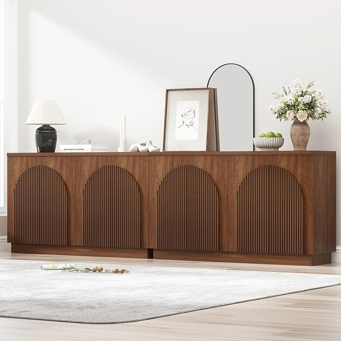 Yechen Walnut Fluted Sideboard Buffet Cabinet with Arched Reeded Design Doors, Mid Century Modern Credenza Storage Cabinet with 2 Adjustable Shelves Inside, for Living Room Kitchen Dinning(2PCS)