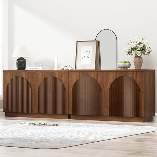 Yechen Walnut Fluted Sideboard Buffet Cabinet with Arched Reeded Design Doors, Mid Century Modern Credenza Storage Cabinet with 2 Adjustable Shelves Inside, for Living Room Kitchen Dinning(2PCS)