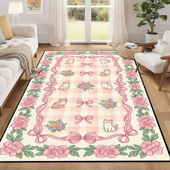 6'x9' Cat Floral Area Rug Pink Bow Flower Carpet Washable Rug Cute Cartoon Boho Floor Mat for Bedroom Living Room Nursery Playroom Classroom Home Decor