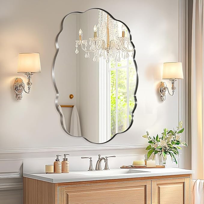 ANDY STAR Brushed Nickel Wavy Oval Bathroom Mirror, 24x32 Inch Silver Asymmetrical Wall Mirror, Unique Irregular Scalloped Mirror for Bathroom with Sophisticated Curved Design