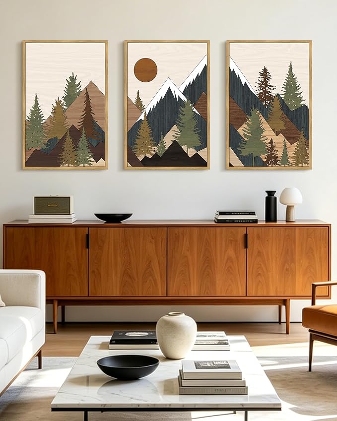 KUVIOKE Morden Mountains Framed Wall Art Boho Pine Tree Forest Nature Landscape Artwork Bohemain Farmhouse Rustic Bedroom Living Room Decor 24x36in (Natural Framed)