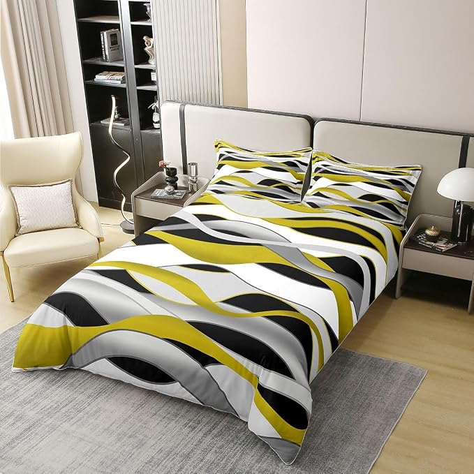Erosebridal Yellow Gray Black Bedding Set King Geometric Stripes Print 100% Cotton Duvet Cover Abstract Lines Art Comforter Cover for Kids Teens Adults Wave Stripe Pattern Bed Set 3 Pcs
