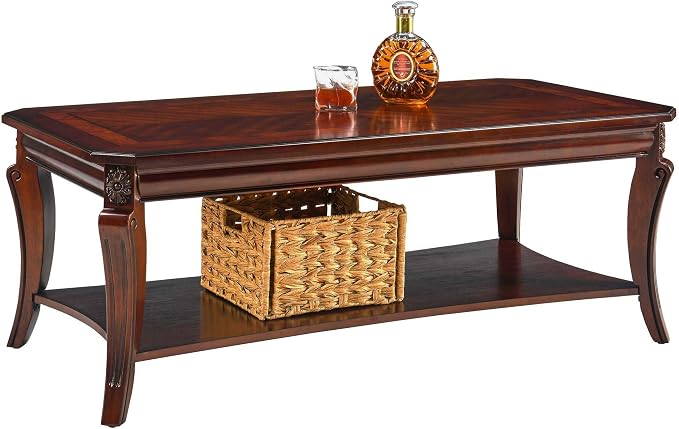 LEEMTORIG Vintage Wood Coffee Table for Living Room, 47 inches Rectangular 2-Tier Coffee Tables with Storage Shelf, Traditional Mid Century Queen Anne Style Cocktail Table, Cherry Walnut KFZ-A1168-WD