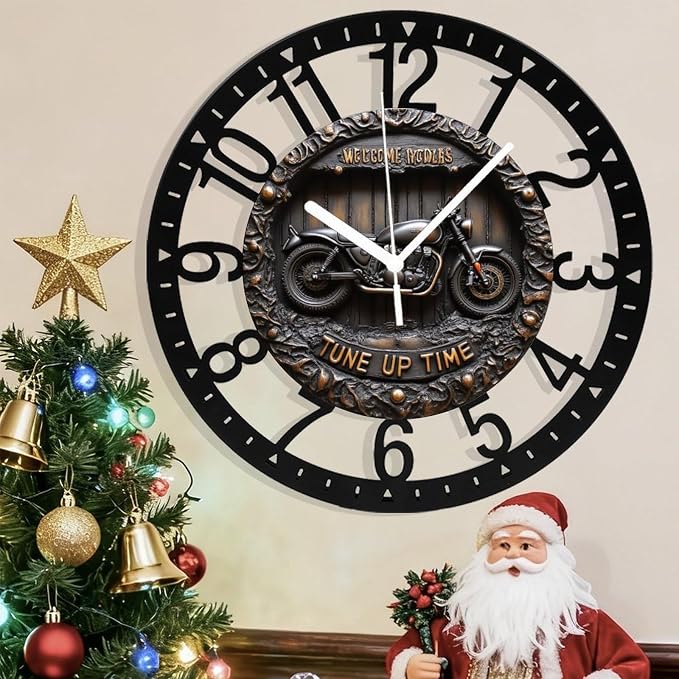 Metal Wall Clock for Living Room -10" Motorcycle Wall Decor Garage Art Vintage Bike Silent Non Ticking,Battery Operated, Antique Wood Clocks for Farmhouse,Dining Room,Bedroom,Kitchen Clock Wall Decor-