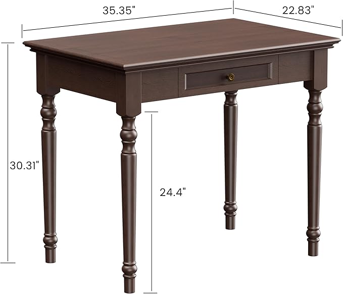 Walnut Writing Desks with Drawers, 35" Solid Wood French Country Style Computer Desk for Home Office, Living Room Study or Workspace