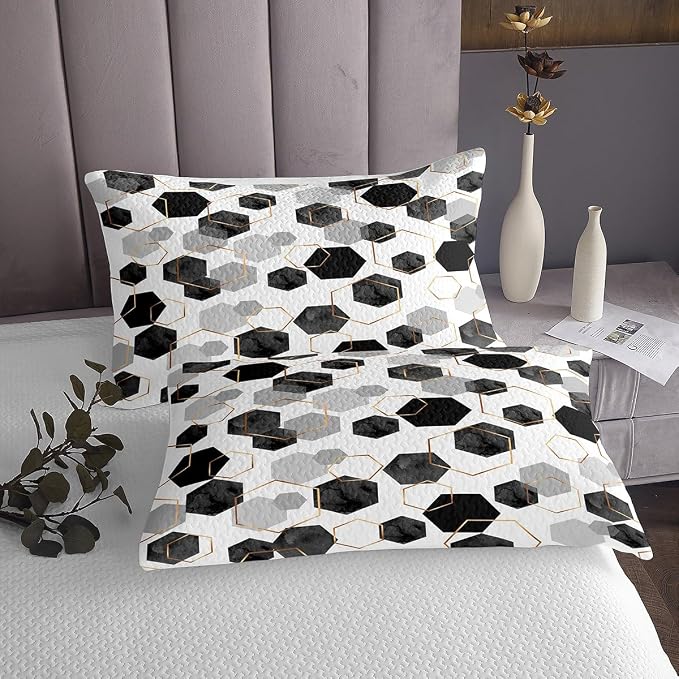 Erosebridal Black and Grey Quilt Set for Bedroom - Marbling Geometric Art Kids Coverlet Set, Minimalist Abstract Golden Striped Bedspread Sets for Home Decor, Queen 3 Pieces