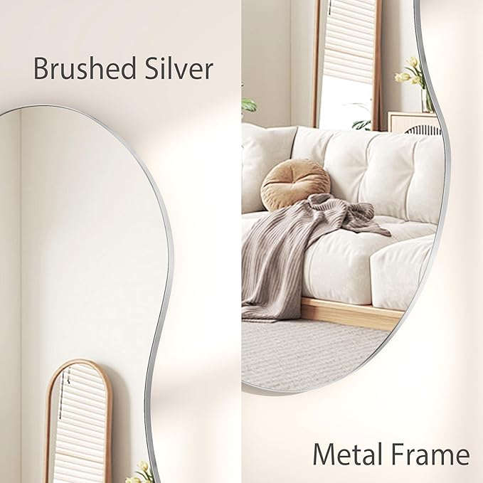 SHYFOY Decorative Wall Mirror Irregular, 32"x19" Silver Asymmetrical Mirrors for Wall Decor, Abstract Wavy Mirror Modern for Living Room Bathroom Bedroom Entryway