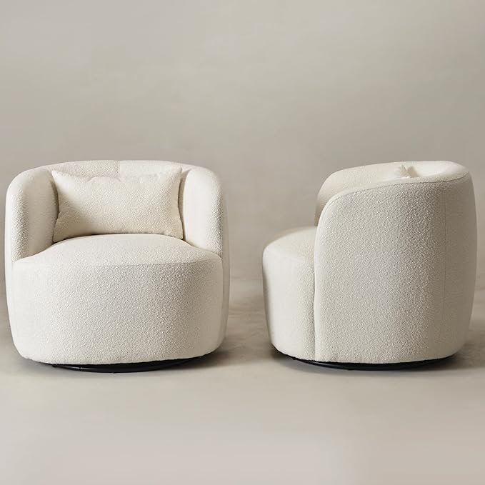 KINWELL 34" Wide Sherpa Swivel Barrel Chairs Set of 2, No Assembly Round Boucle Upholstered Accent Chairs Armchairs Single Sofa Chair with Toss Pillow for Living Room and Bedroom, Beige