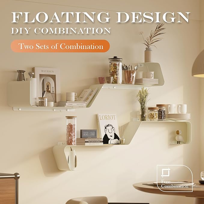 Sttoraboks Floating Shelves - Set of 3 Wall Mounted Metal Shelves with Unique Design for Wall Storage, Book Shelf, Display Shelves for Bathroom, Bedroom, Kitchen, Living Room, White