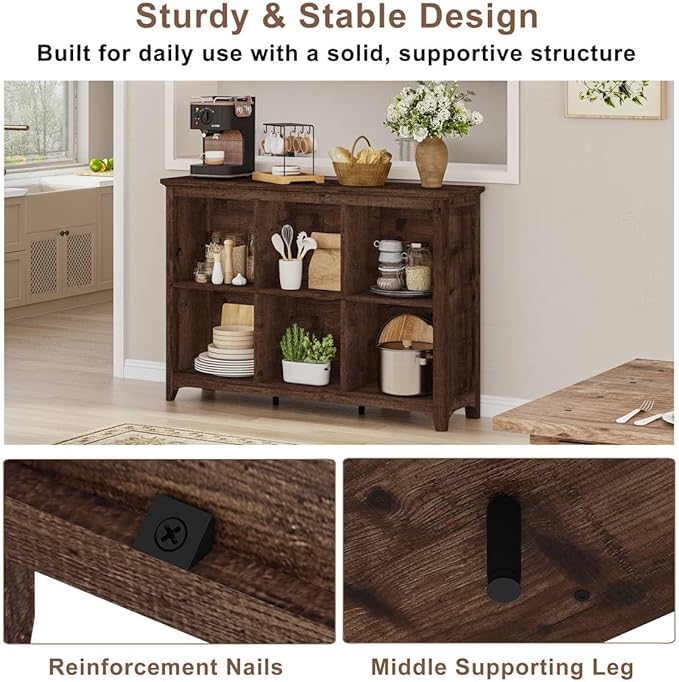 BON AUGURE 6 Cube Storage Bookshelf, Horizontal Wooden Bookcase with Curved Edge, Floor Standing Cubby Organizer for Living Room, Bedroom & Home Office (Rustic Oak)