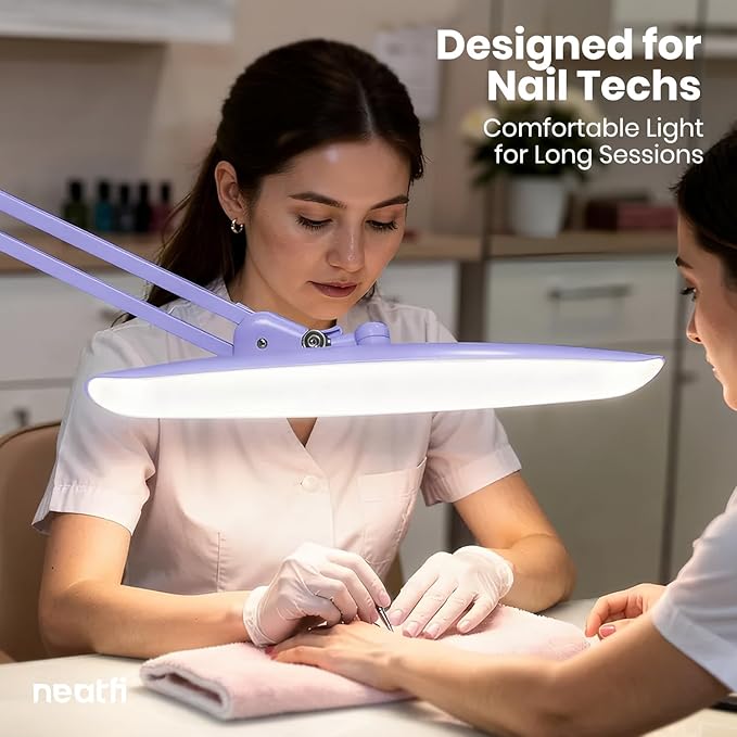 Neatfi XL Nail Desk Lamp with Clamp, 2200 Lumens, 20-Inch Wide Head, Dimmable 4 Levels, 6500K, LED Task Light for Manicure Table, Crafts, Workbench, Office (Non-CCT, Lavender)