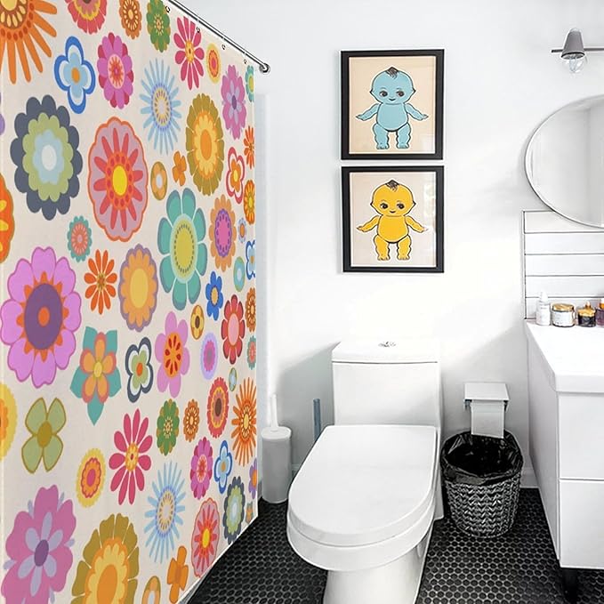 Retro Flower Shower Curtain for Bathroom, Groovy 70s Orange Sun Floral Daisy Hippie Funky Trippy Colorful Vintage Boho Waterproof Fabric Shower Curtain Set with Hooks, 72"x72"