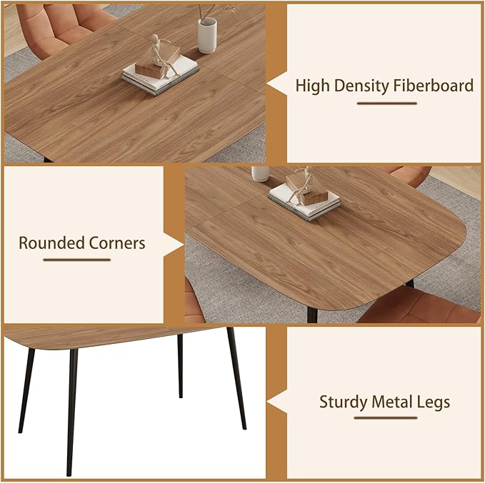 55.1'' Dining Table Set for 4,Modern Wood Dining Table,Leather Dining Chairs 4,Table and Chairs Set of 4,Ideal for Kitchen Dining Room (Walnut Color Table + 4 Grey Chairs)