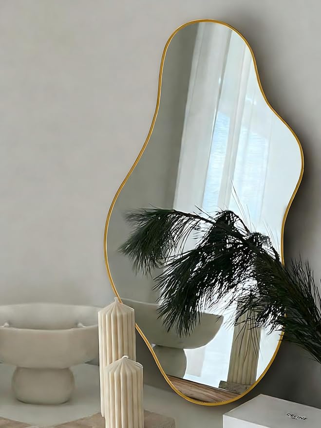 Irregular Wall Mirror 20×36 Inch Wall Mirrors Decorative Gold Modern Asymmetrical Abstract Mirror for Bathroom Bedroom Living Room Entryway Hallway