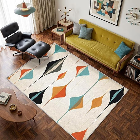 Mid Century Modern Rug 5x7, Washable Retro Geometric Rugs for Living Room Bedroom, Minimalist Area Rug for Home Decor, Non Slip Backing Floor Carpet with Gripper - 5 x 7 ft