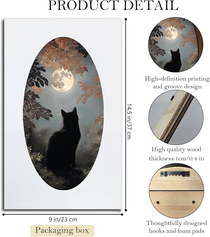 UYIKG Vintage Black Cat Moon Oval Wall Art,Rustic Farmhouse Cottagecore Oval Wall Decor,Farmhouse Country Wooden Framed Decor for Home Bedroom Living Room Reading Room 9x14.6 in