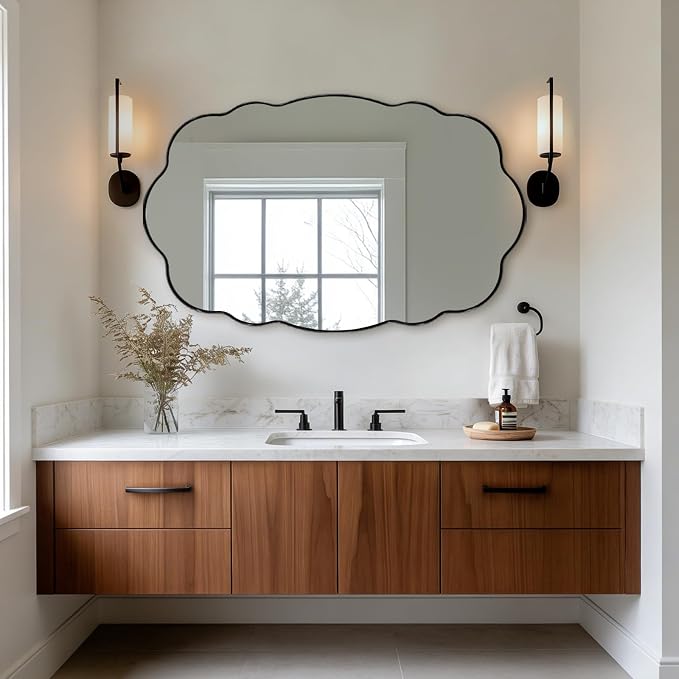 ANDY STAR Matte Black Wavy Scalloped Wall Mirror -30x48 Inch Large Wavy Oval Bathroom Mirror, Living Room & Entryway, Anti Rust Stainless Steel MetalWall Mount Horizontal or Vertical