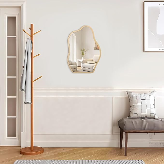 Small Wall Mirror Asymmetrical Irregular Wood Frame Mirrors Modern Unique Wall-Mounted Artistic Cloud Shape Mirror Decor for Bathroom Vanity Bedroom Living Room Entryway Hallway