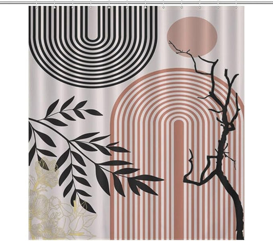 Abstract Mid Century Plant Shower Curtain Boho Retro Tropical Sun Arch Minimalist Modern Aesthetic Geometric Washable Waterproof Fabric for Bathroom Decor Bathtub with 12 Hooks 66x72in（168x183cm）