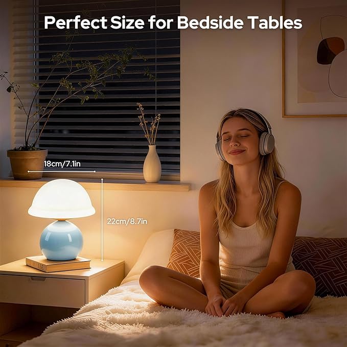 Mushroom Table Lamp for Bedroom, Cozy Bedside Lamp with Glass Shade, Stepless Dimmable Nightstand Lamp for Relaxing Bedroom Decor & Aesthetic Home (Blue)