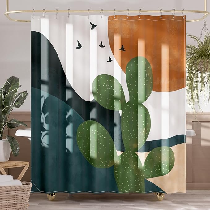 AmazerBath Boho Shower Curtain, 72x72 Washable Cloth Sage Cactus Shower Curtains for Bathroom, Fabric Rustic Neutral Shower Curtain Set with Hooks, Abstratic Modern Camper RV Dorm Stall Shower Curtain